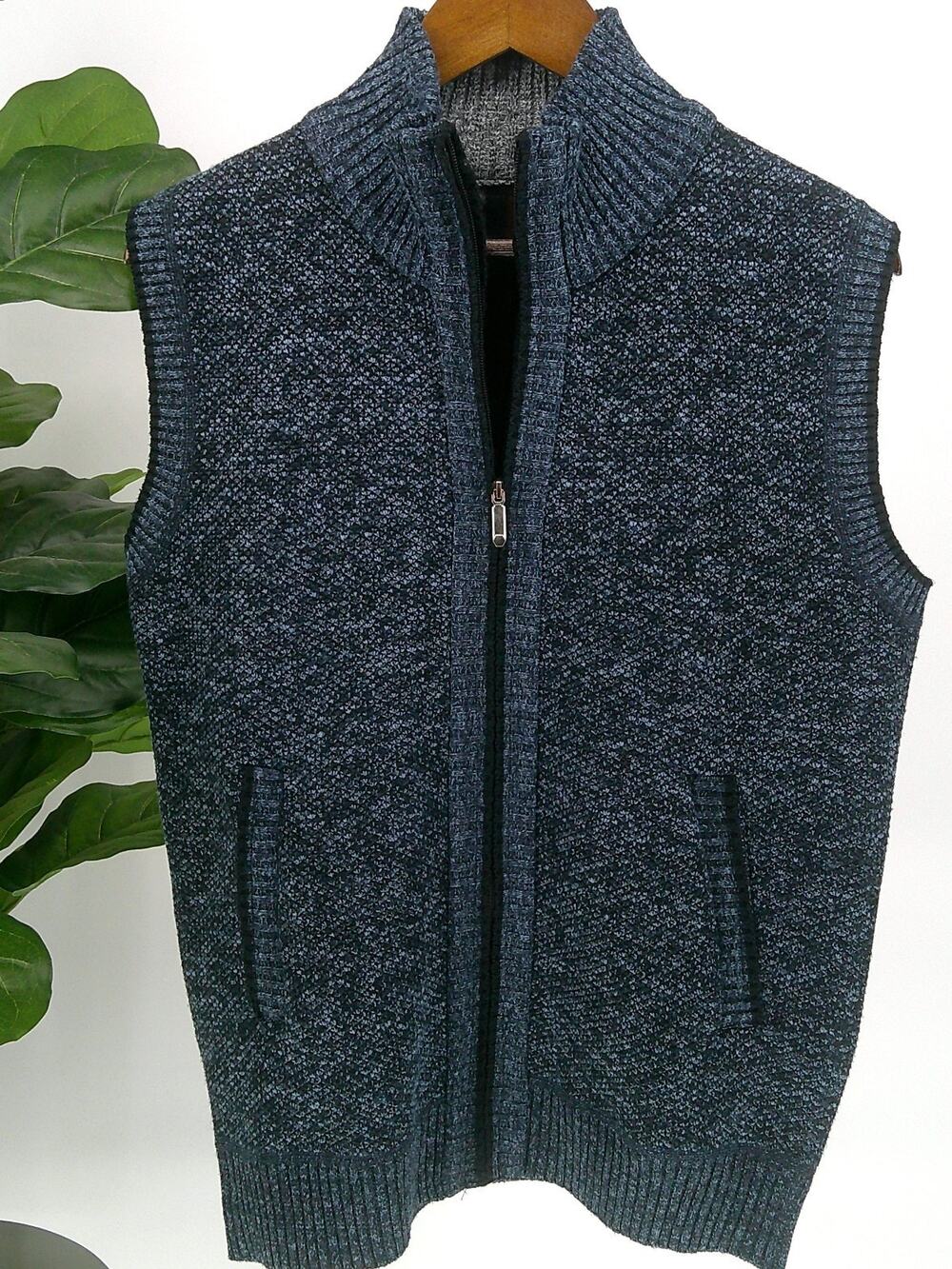 Mens Navy Gray Knit Zip Up Cozy Casual Winter Warm Outerwear Vest Sweater Size M